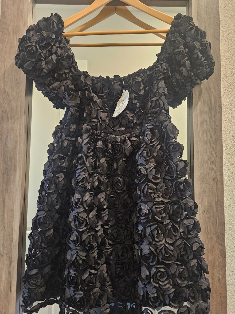 Altar'd State Black Floral Rosette Girls Dress with Puff Sleeves